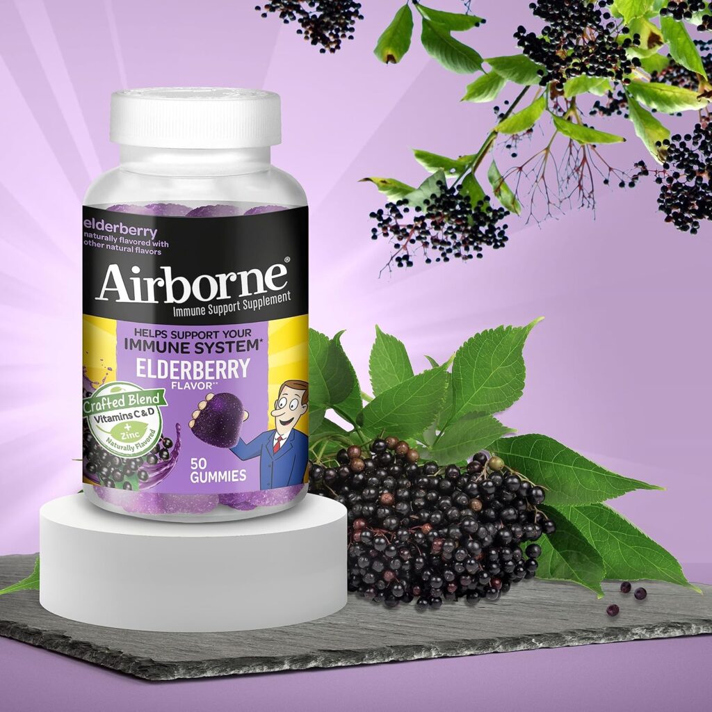 Airborne Elderberry + Zinc  Vitamin C Gummies For Adults, Immune Support Vitamin D  Zinc Gummies With Powerful Antioxidant Vitamins C D  E - 50 Gummies, Elderberry Flavor
