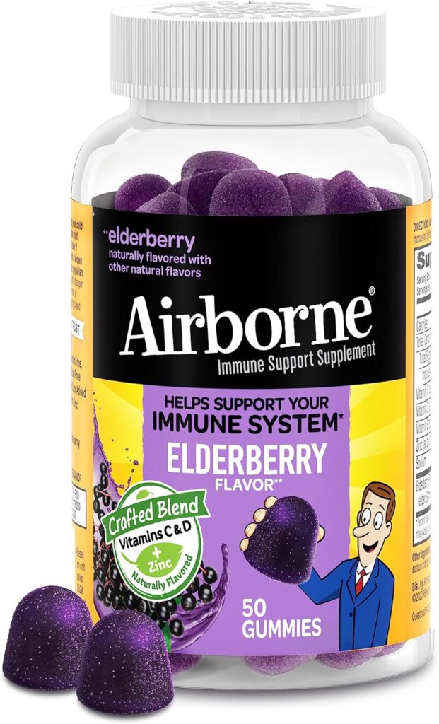 Airborne Elderberry + Zinc  Vitamin C Gummies For Adults, Immune Support Vitamin D  Zinc Gummies With Powerful Antioxidant Vitamins C D  E - 50 Gummies, Elderberry Flavor