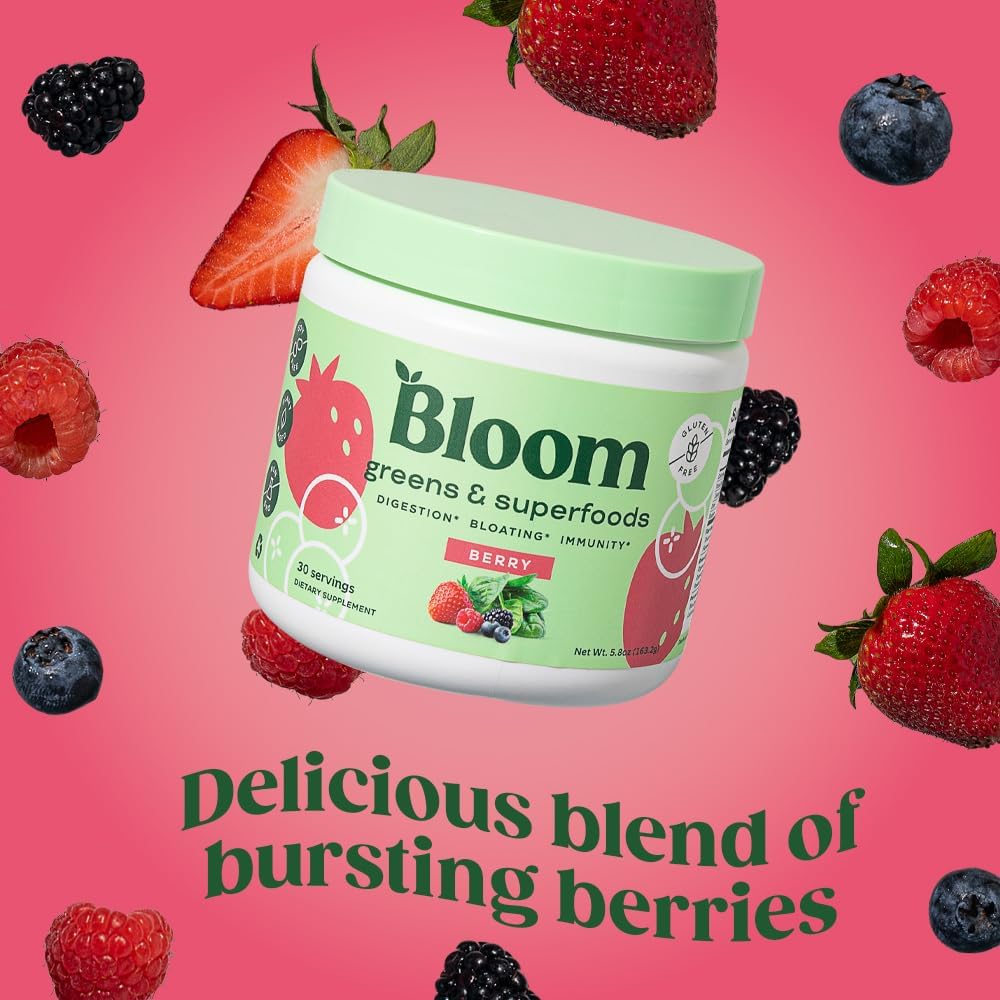 Bloom Nutrition Super Greens Powder Smoothie and Juice Mix, Probiotics for Digestive Health  Bloating Relief for Women, Berry + Milk Frother High Powered Hand Mixer