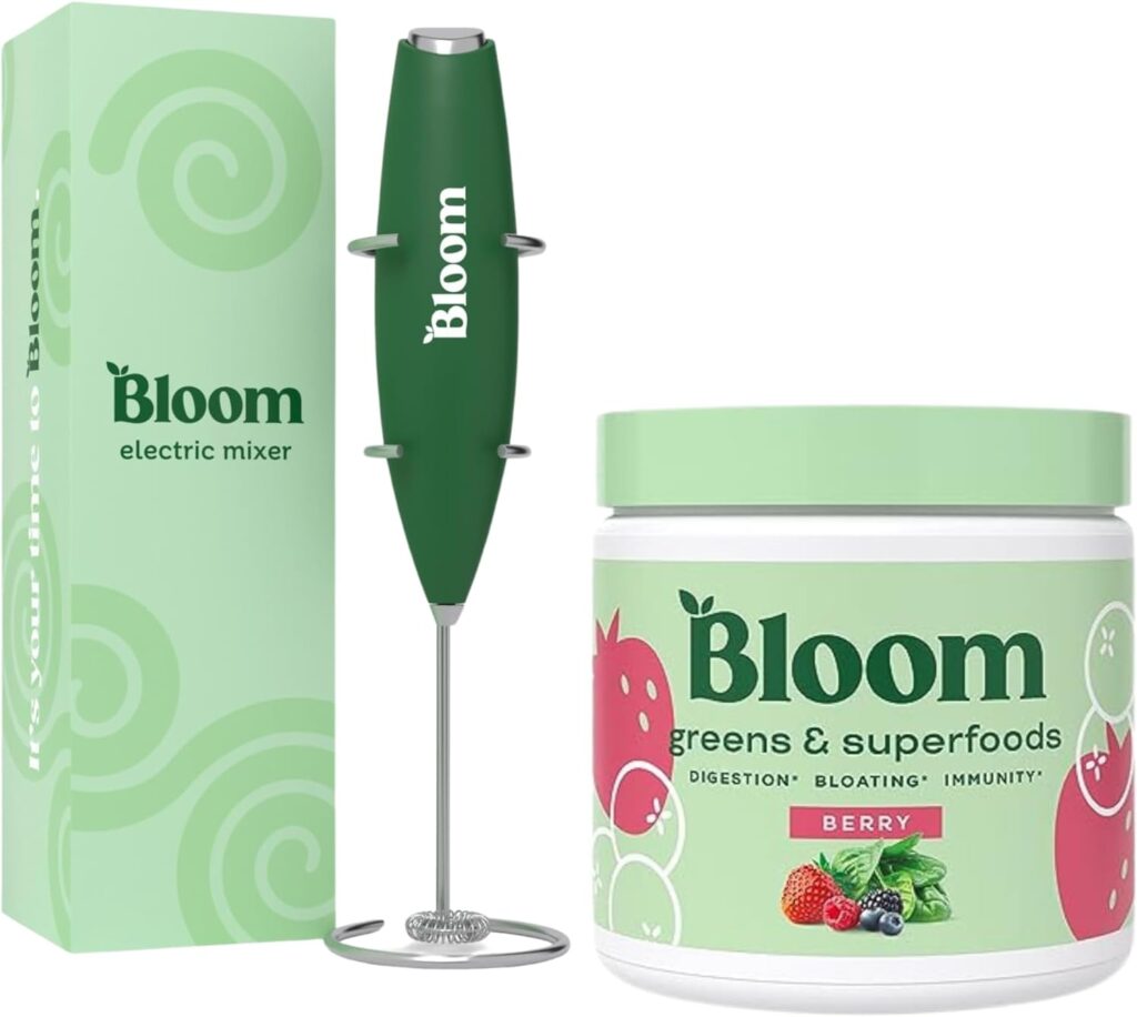 Bloom Nutrition Super Greens Powder Smoothie and Juice Mix, Probiotics for Digestive Health  Bloating Relief for Women, Berry + Milk Frother High Powered Hand Mixer