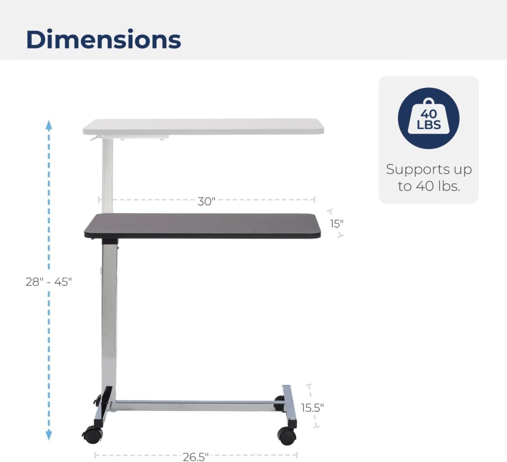 Drive Medical 13067 Adjustable Non Tilt Top Overbed Table With Wheels for Hospital and Home Use, Standing Desk, Walnut