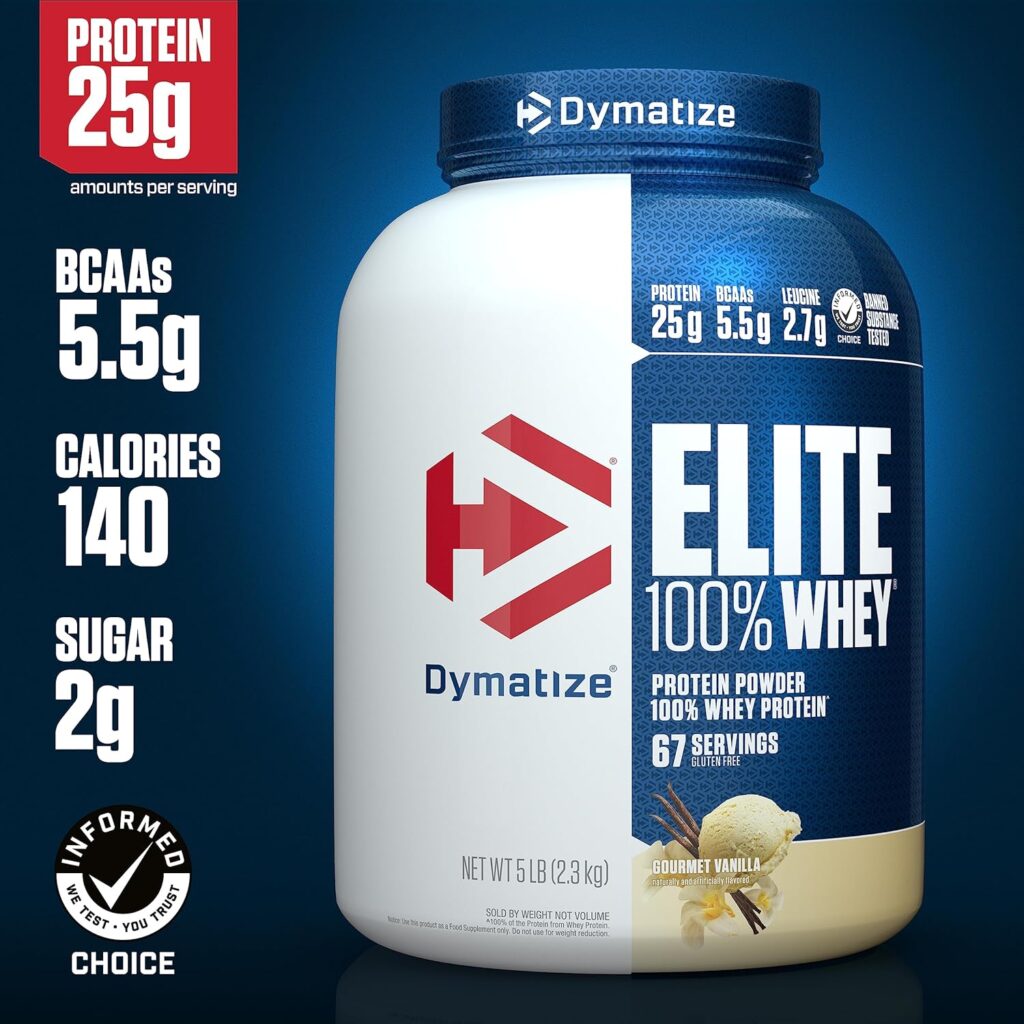 Dymatize Elite 100% Whey Protein Powder, 25g Protein, 5.5g BCAAs  2.7g L-Leucine, Quick Absorbing  Fast Digesting for Optimal Muscle Recovery, Gourmet, 5 Pound Vanilla 80 Ounce