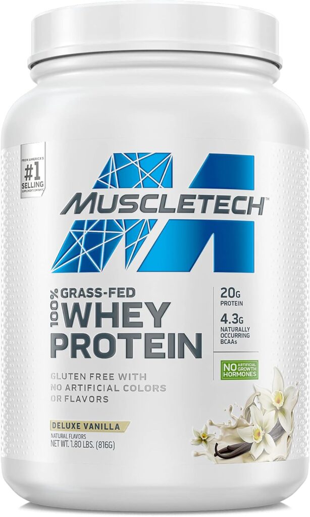 Grass Fed Whey Protein MuscleTech Grass Fed Whey Protein Powder Protein Powder for Muscle Gain Growth Hormone Free, Non-GMO, Gluten Free 20g Protein + 4.3g BCAA Deluxe Vanilla, 1.8 lbs