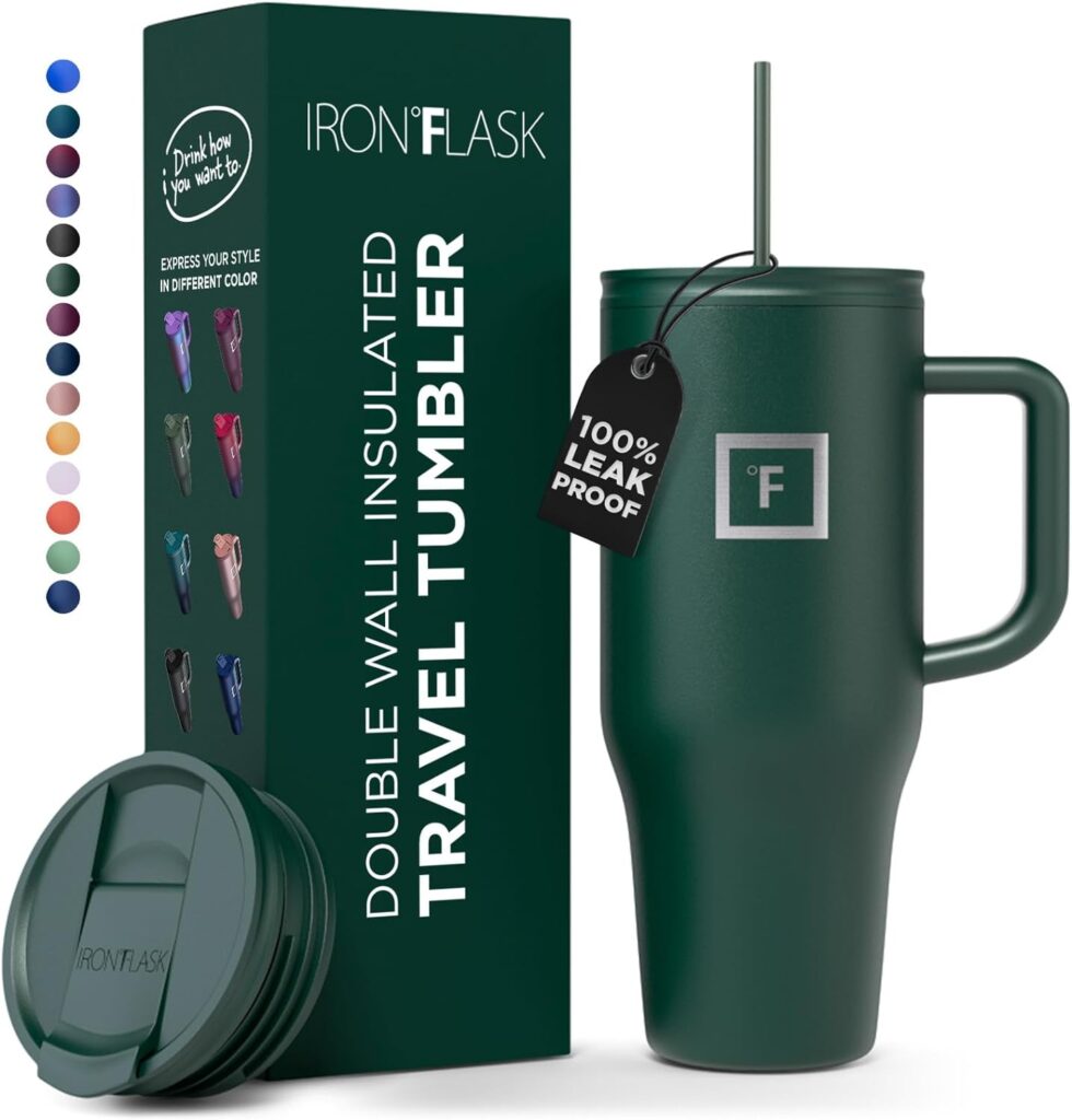 IRON °FLASK Co-Pilot 40 oz Insulated Tumbler w/Straw  Flip Cap Lids - Cup Holder Bottle for Hot, Cold Drink - Leak-Proof - Water, Coffee Portable Travel Mug - Valentines Day Gifts - Dark Pine