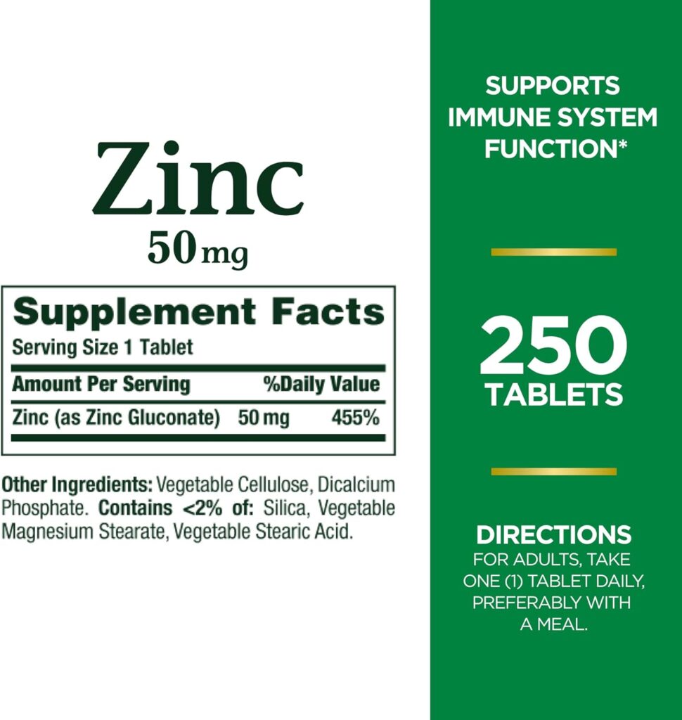 Natures Bounty Zinc 50mg, Immune Support  Antioxidant Supplement, Promotes Skin Health 250 Caplets