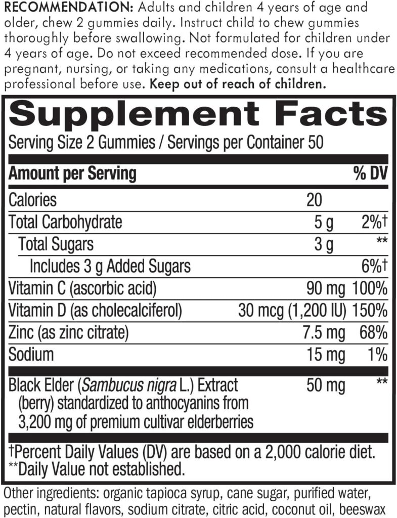 Nature’s Way Sambucus Elderberry Immune Gummies, Daily Immune Support for Kids and Adults*, with Vitamin C, Vitamin D3, Zinc, Gluten Free, Vegetarian, 60 Gummies (Packaging May Vary)