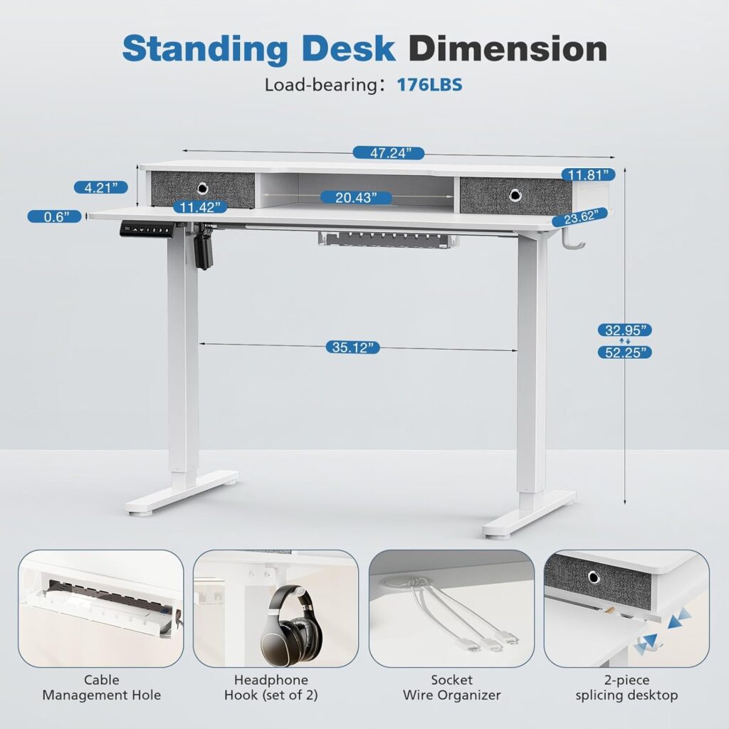 DUMOS 55 Inch Electric Standing Desk with Double Drawers Height Adjustable Sit Stand Up PC Work Table Ergonomic Rising Home Office Computer Workstation with Storage Shelf