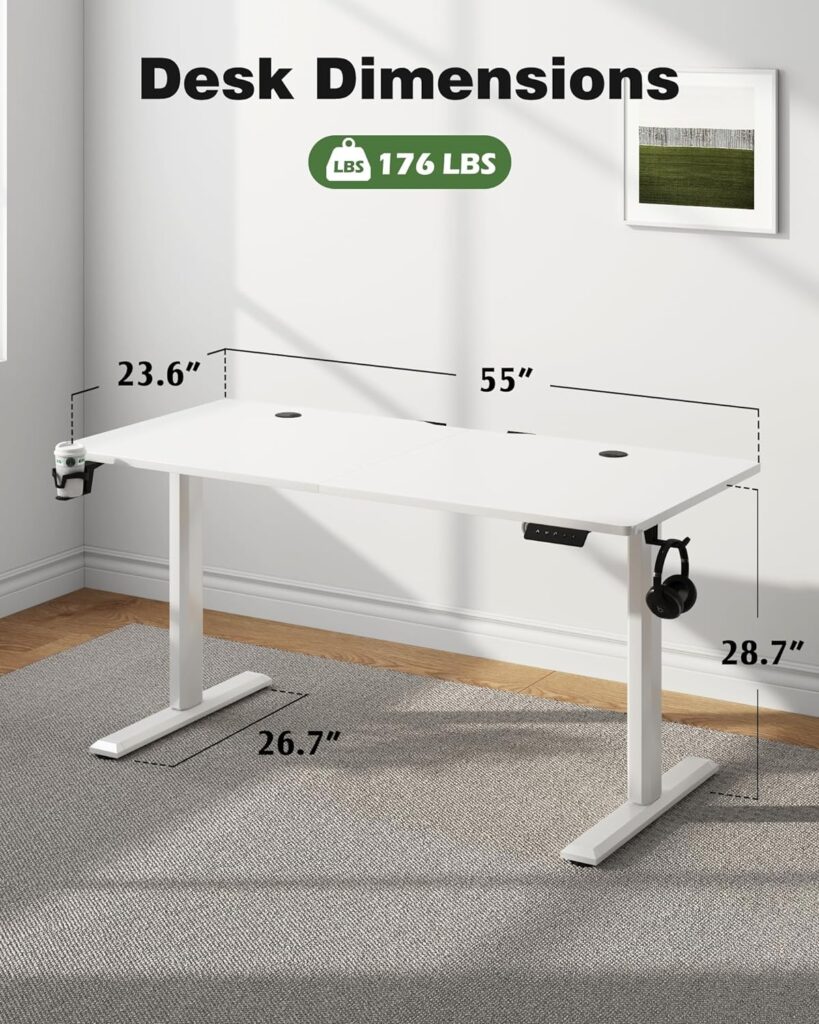 Electric Standing Desk 63 Inch, Ergonomic Height Adjustable Table with T-Shaped Metal Bracket Modern Computer Workstations for Home Office, White, 63 x 24 Inches