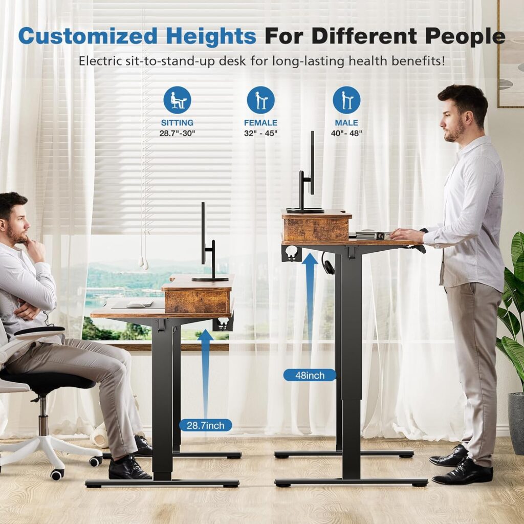 Electric Standing Desk with Double Drawer - 55 x 24 inch Adjustable Height Sit to Stand Up Desk with Storage Shelf, Rising Home Office Computer Table with Splice Board, 2 Hook and Wire Hole for Work