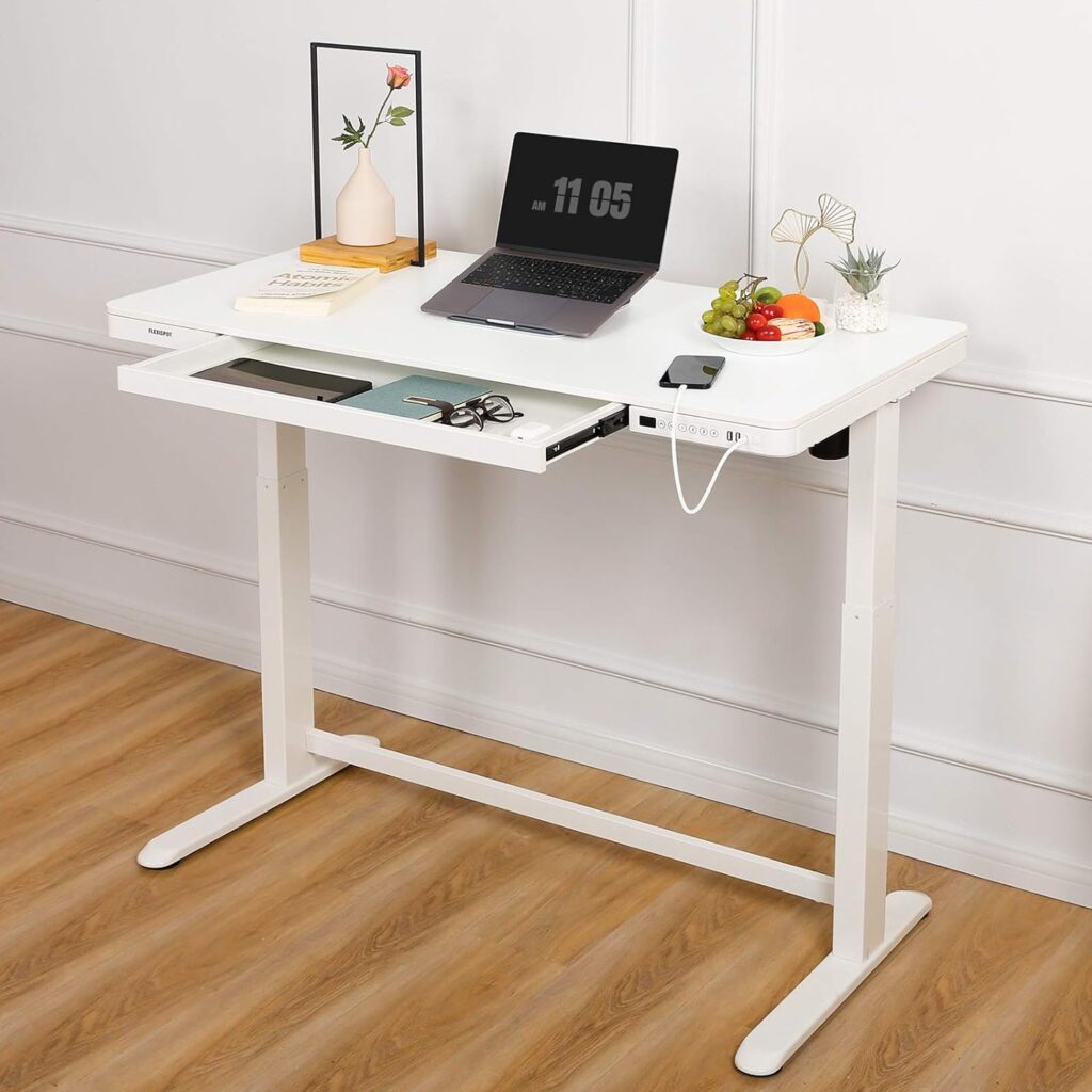 FLEXISPOT Comhar Electric Standing Desk with Drawers Charging USB A to C Port, Height Adjustable 48 Whole-Piece Quick Install Home Office Computer Laptop Table with Storage (White Top + Frame)