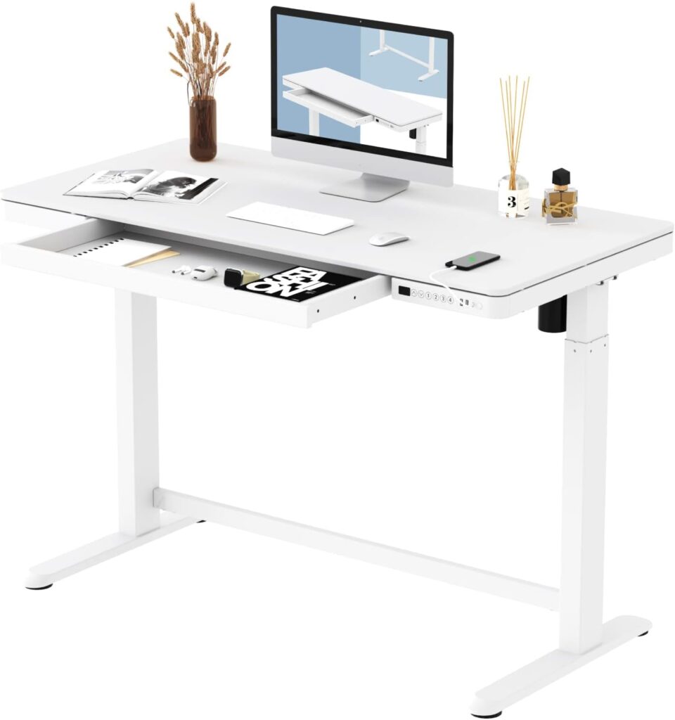 FLEXISPOT Comhar Electric Standing Desk with Drawers Charging USB A to C Port, Height Adjustable 48 Whole-Piece Quick Install Home Office Computer Laptop Table with Storage (White Top + Frame)