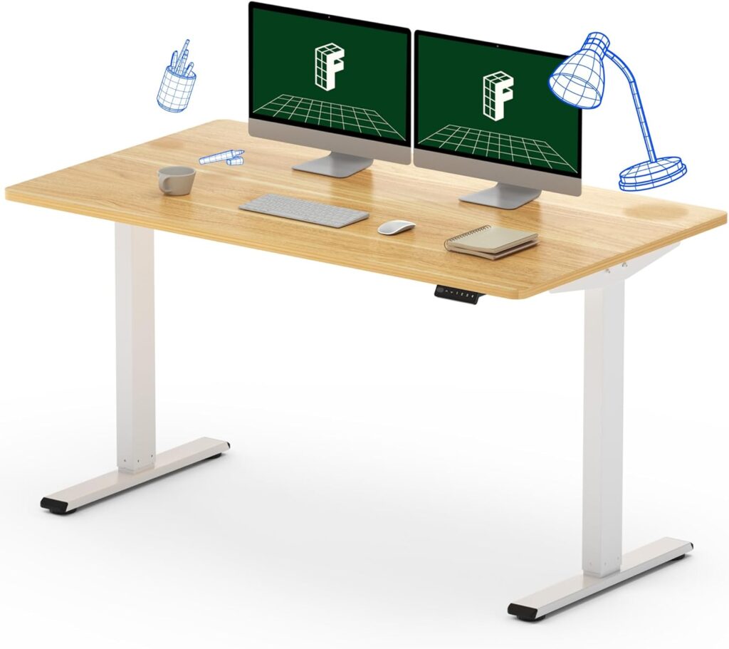 FLEXISPOT EN1 Electric Height Adjustable Desk 55 x 28 Inches Whole-Piece, Ergonomic Memory Controller Standing Desk/Workstation (White Frame + 55 Maple Top, 2 Packages)