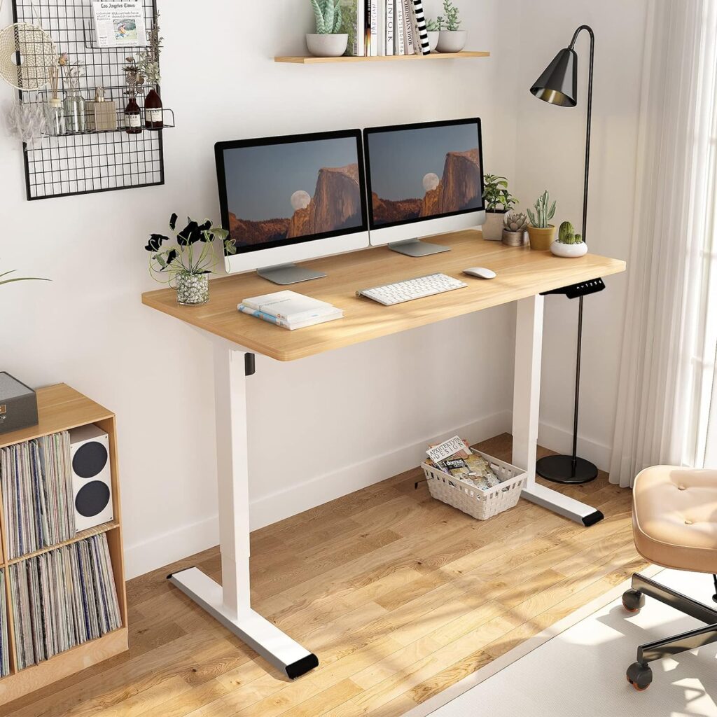FLEXISPOT EN1 Electric Height Adjustable Desk 55 x 28 Inches Whole-Piece, Ergonomic Memory Controller Standing Desk/Workstation (White Frame + 55 Maple Top, 2 Packages)