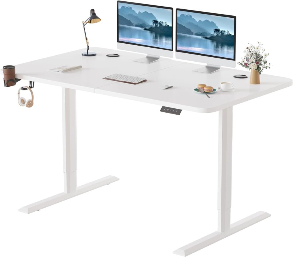 Furmax Electric Standing Desk 55x 24 Inches Height Adjustable Desk Computer Desk T-Shaped Metal Bracket Desk with Memory Settings, Wood Tabletop, and Holes for Routing Cables, White