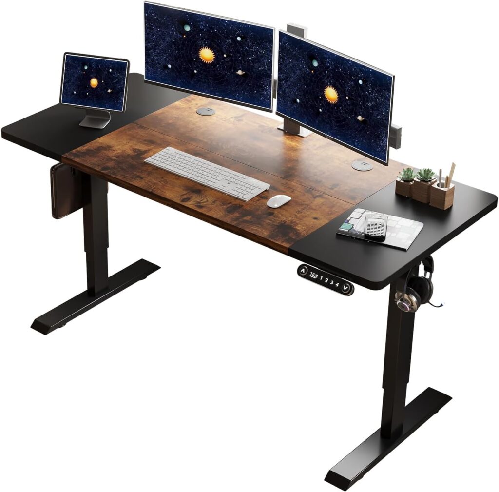HEONAM Height Adjustable Standing Desk,63 x 30 Inch Electric Standing Desk with Memory Controller,Sit Stand Home Office Desk with Splice Board, Single Motor, Black Frame/Black+Rustic Brown Top