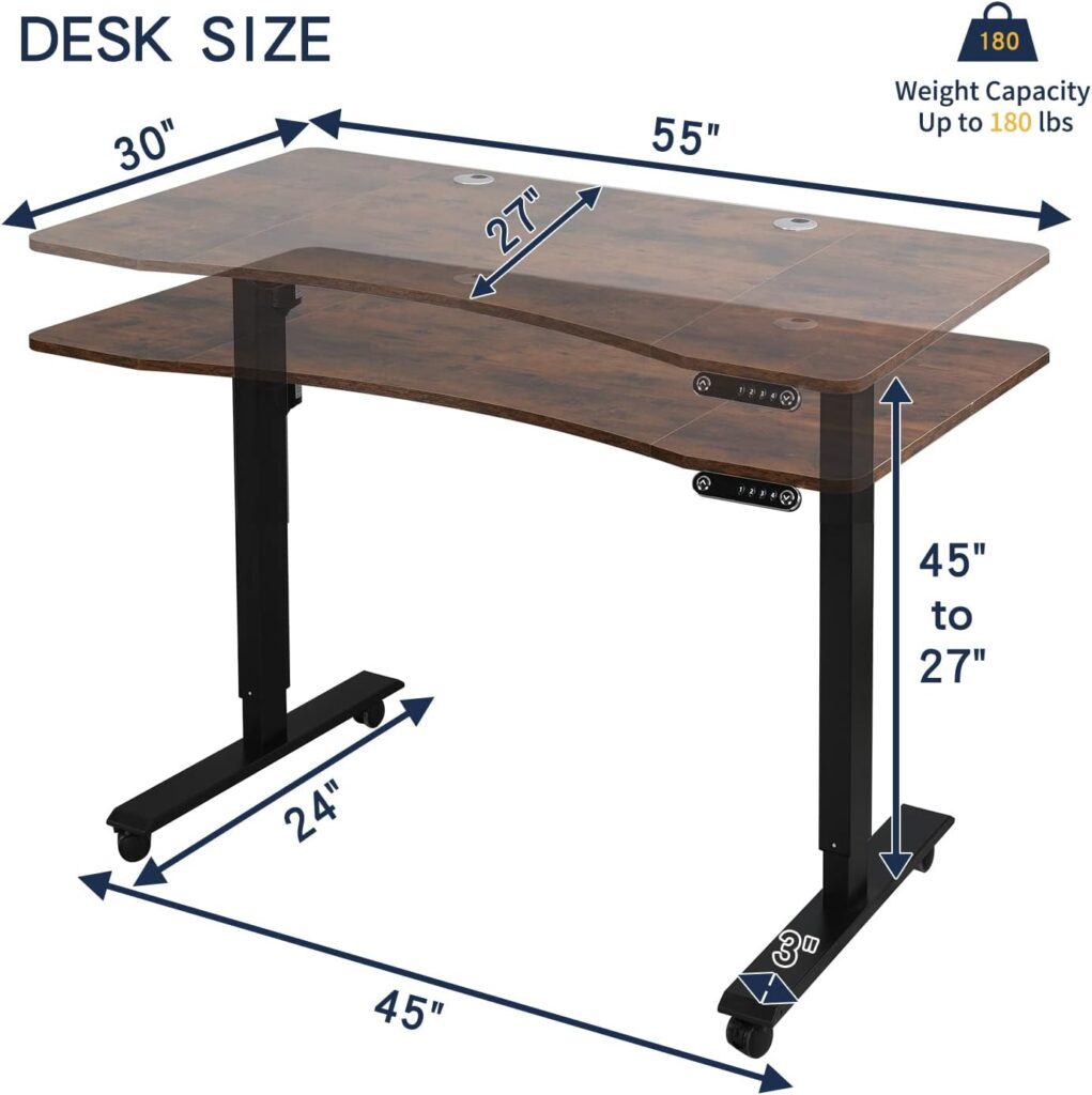 HEONAM Height Adjustable Standing Desk,63 x 30 Inch Electric Standing Desk with Memory Controller,Sit Stand Home Office Desk with Splice Board, Single Motor, Black Frame/Black+Rustic Brown Top