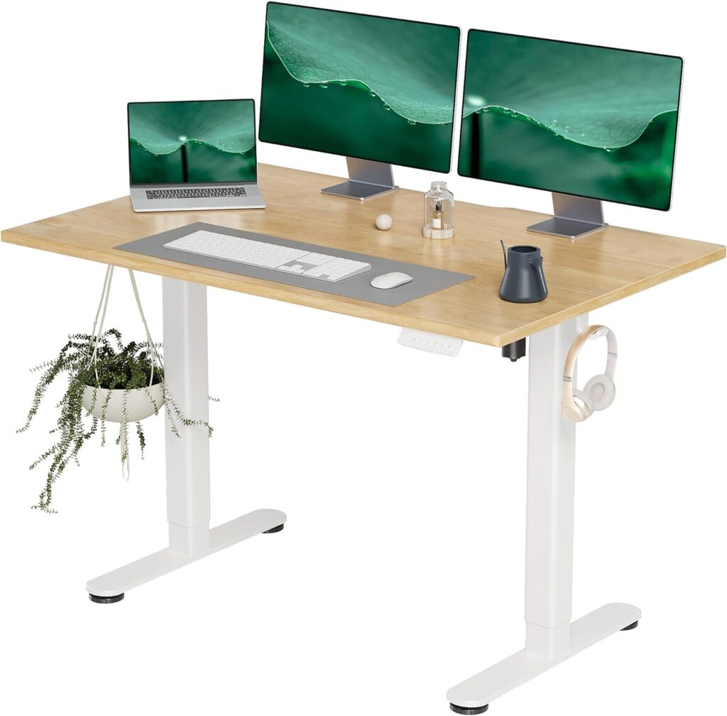 INNOVAR Solid Wood Electric Standing Desk, 48x24 Inches Adjustable Height Stand up Desk with Whole Piece Desktop, Sit Stand Home Office Desk White Frame/Nature Top