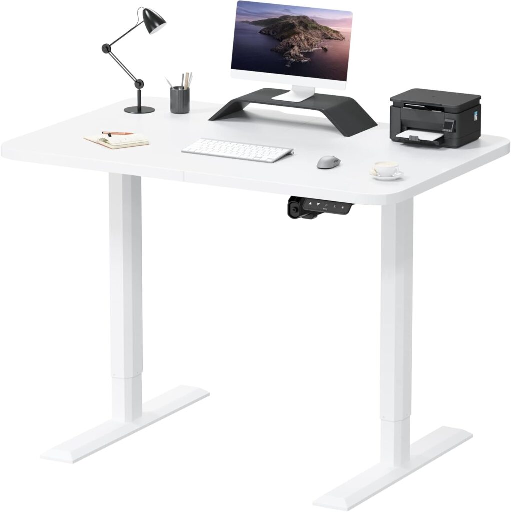JUMMICO Standing Desk Electric Adjustable Desk Large 44 x 24 Sit Stand Up Desk Home Office Computer Desk Memory Preset with T-Shaped Metal Bracket and Holes for Routing Cables, White