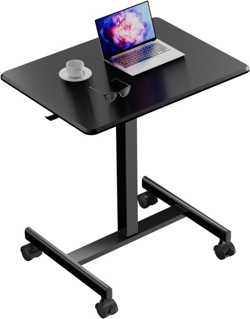 Mobile Standing Desk Adjustable Height, Portable Rolling Laptop Desk with Lockable Wheels and Hook, Sit Stand Up Desk, Standing Rolling Cart Desk with Gas Spring for Home, Office, Hospital