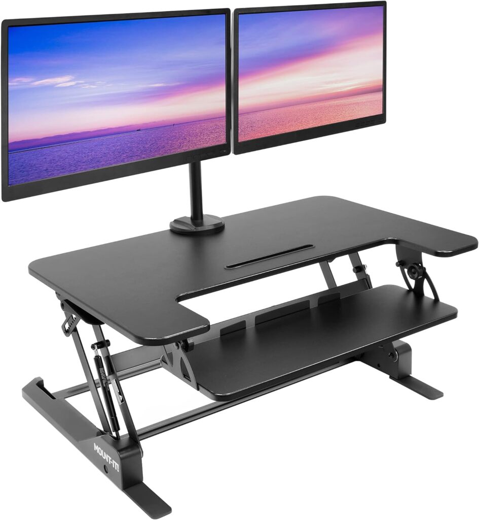 Mount-It! Standing Desk Converter with Bonus Dual Monitor Mount Included - Height Adjustable Stand Up Desk - Wide 36 Inch Sit Stand Workstation with Gas Spring Lift– Black (MI-7934)