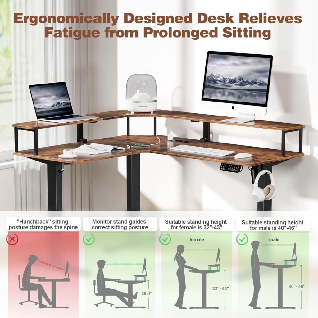 Mr IRONSTONE L Shaped Electric Standing Desk Height Adjustable Sit Stand Desk with LED Light and Power Outlet, 55 Computer Desk with Monitor Riser