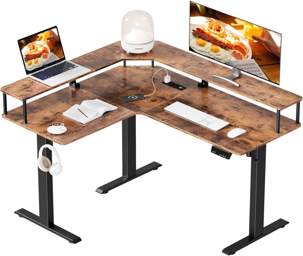 Mr IRONSTONE L Shaped Electric Standing Desk Height Adjustable Sit Stand Desk with LED Light and Power Outlet, 55 Computer Desk with Monitor Riser