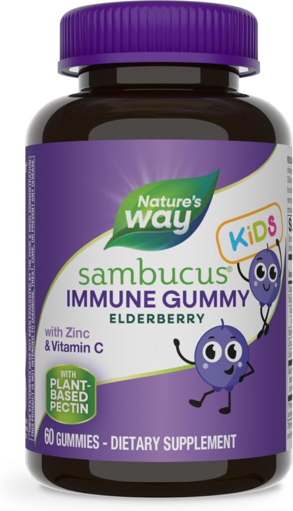 Natures Way Sambucus Elderberry Immune Gummies for Kids, Immune Support Gummies*, with Black Elderberry Extract, Vitamin C and Zinc, 60 Gummies (Packaging May Vary)