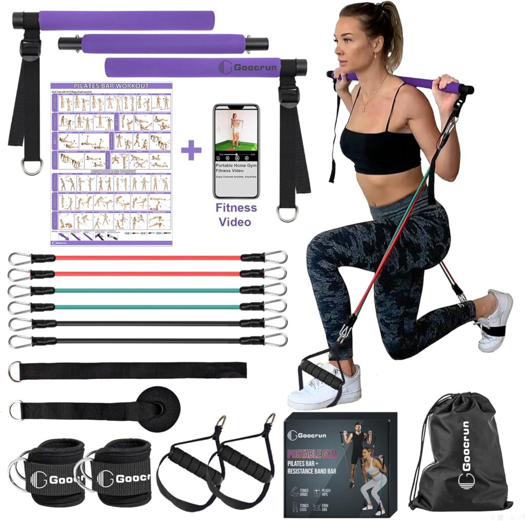Portable Pilates Bar Kit with Resistance Bands for Men and Women - 3 Set Exercise Resistance Bands - Multifunctional Home Gym - Supports Full-Body Workouts – with Fitness Poster and Video