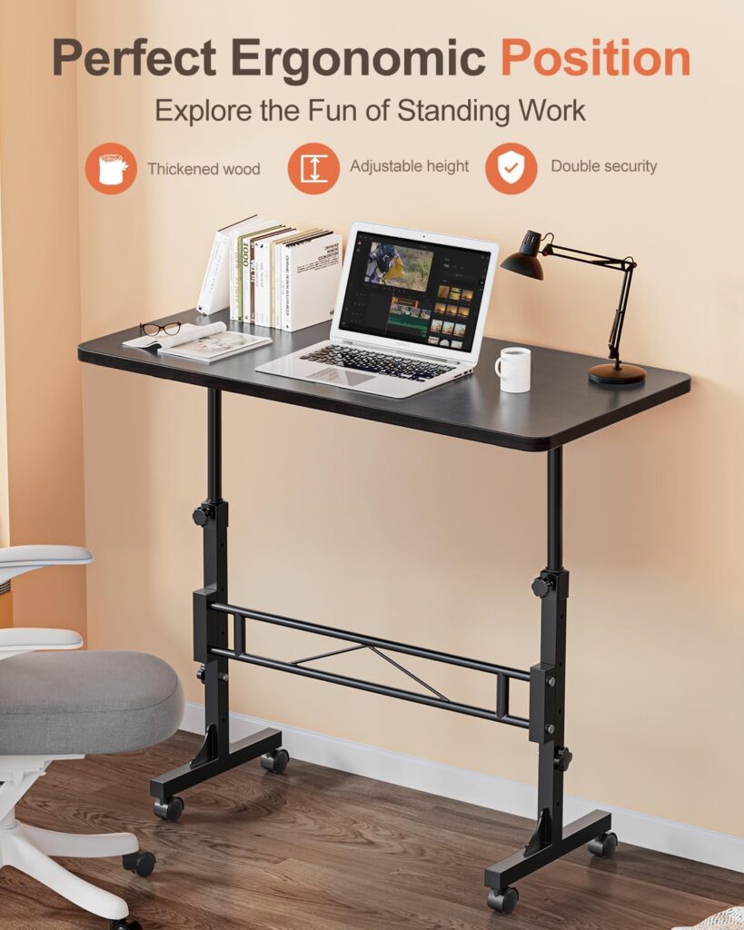 Small Standing Desk Adjustable Height, Mobile Stand Up Desk with Wheels, 32 Inch Portable Rolling Desk Small Computer Desk, Portable Laptop Desk Standing Table Rustic
