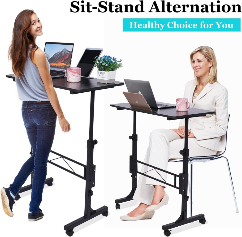 Standing Desk Adjustable Height, Mobile Stand Up Desk with Wheels Small Computer Desk Rolling Desk, Portable Laptop Desk Black Standing Table Sit Stand Home Office Desks 16x31.5 Height 27-43.5