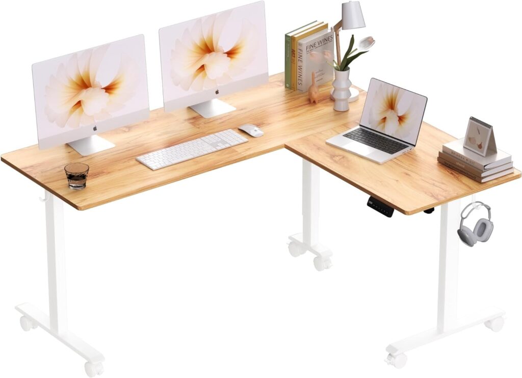 Standing Desk L Shaped, 63x55 Inch Adjustable Height Desk Electric Stand Up Desk, Corner Standing Desk with Casters, Sit Stand Desk with Splice Board, Light Rustic Brown
