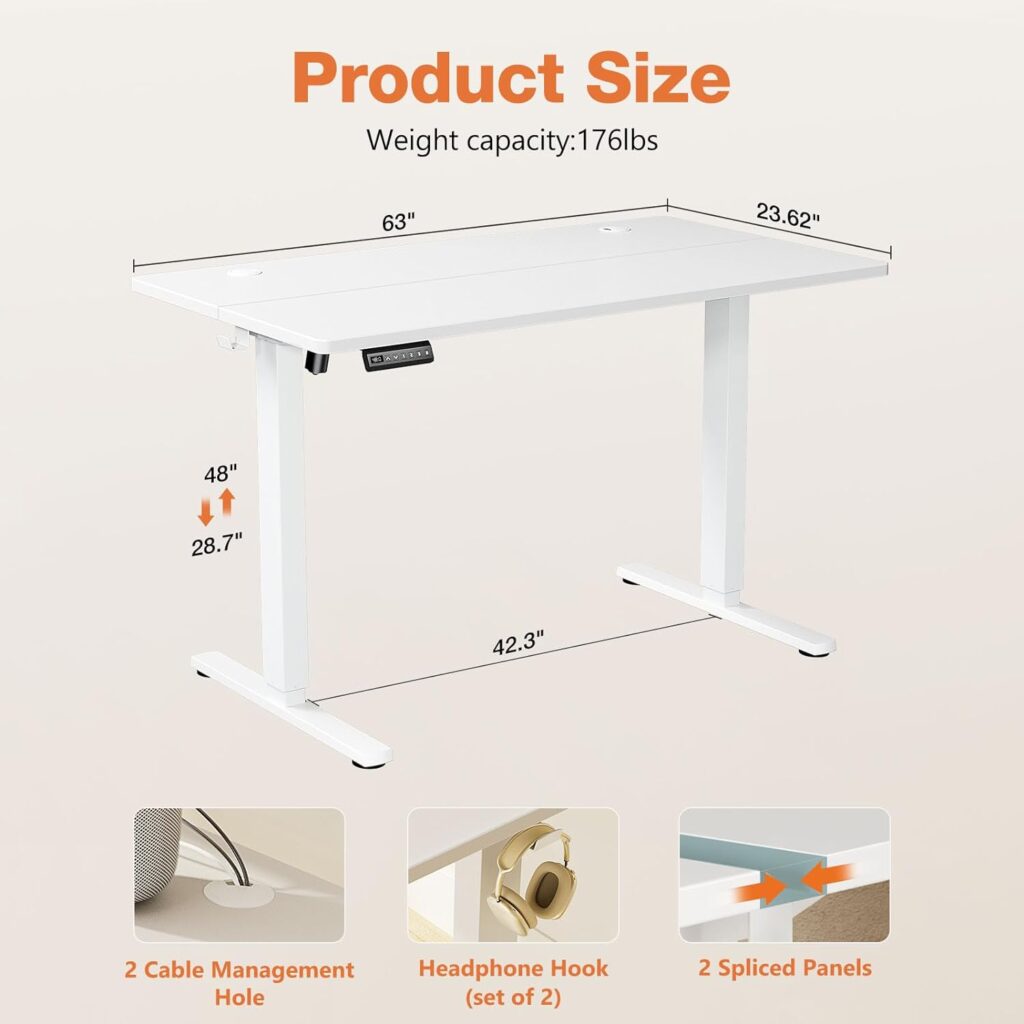 Sweetcrispy Electric Standing Desk - 40 x 24 inch Adjustable Height Sit to Stand Up Desk with Splice Board, Rising Home Office Computer Table with 2 Hook and Wire Hole for Work