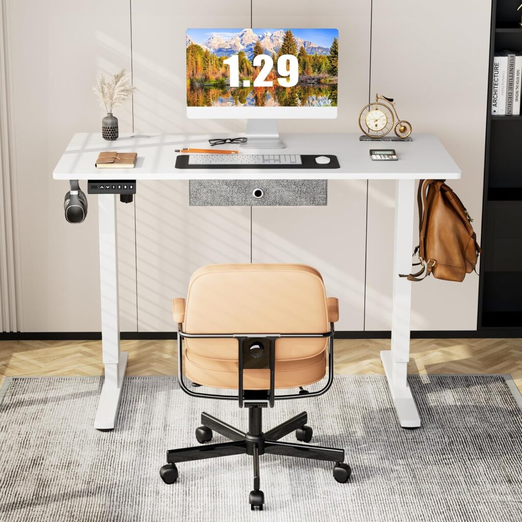 Sweetcrispy Electric Standing Desk Adjustable Height, 55 x 24 inch Sit Stand Up Desk with Drawer, Ergonomic Home Office Table Computer Workstation Rising Gaming Work Desk, White