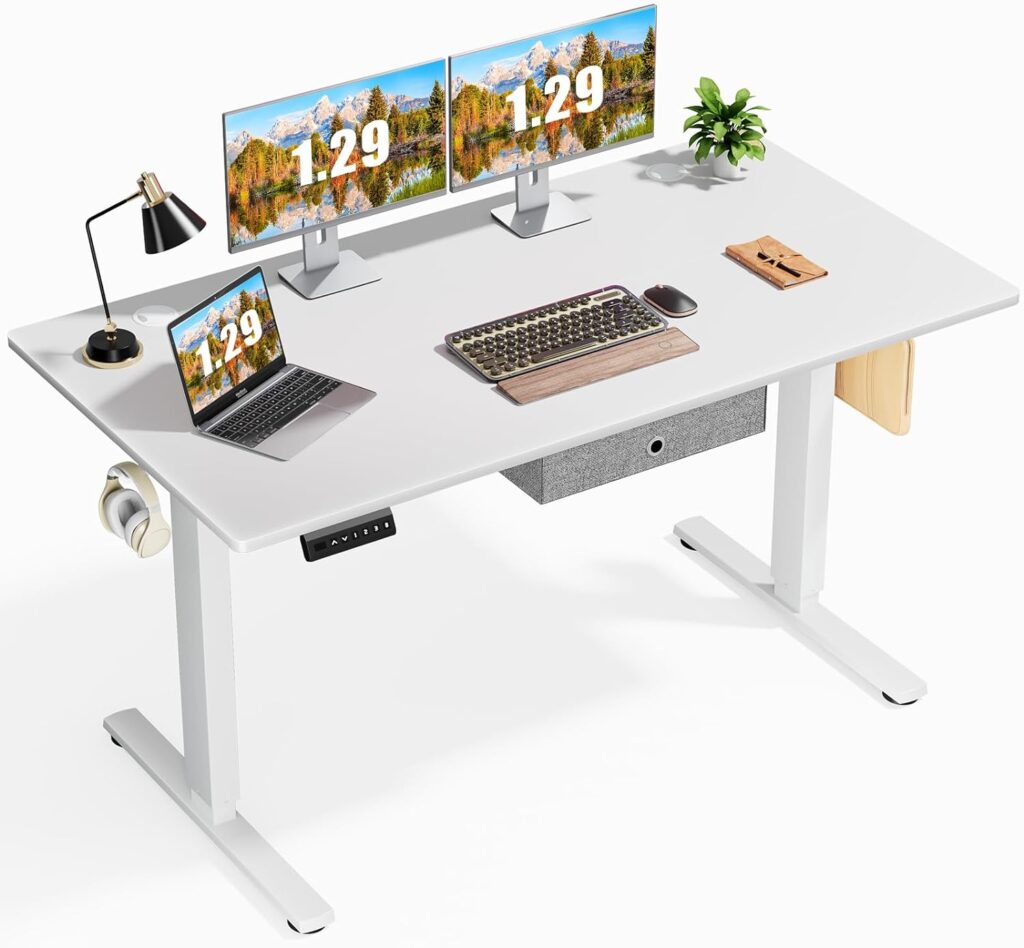 Sweetcrispy Electric Standing Desk Adjustable Height, 55 x 24 inch Sit Stand Up Desk with Drawer, Ergonomic Home Office Table Computer Workstation Rising Gaming Work Desk, White
