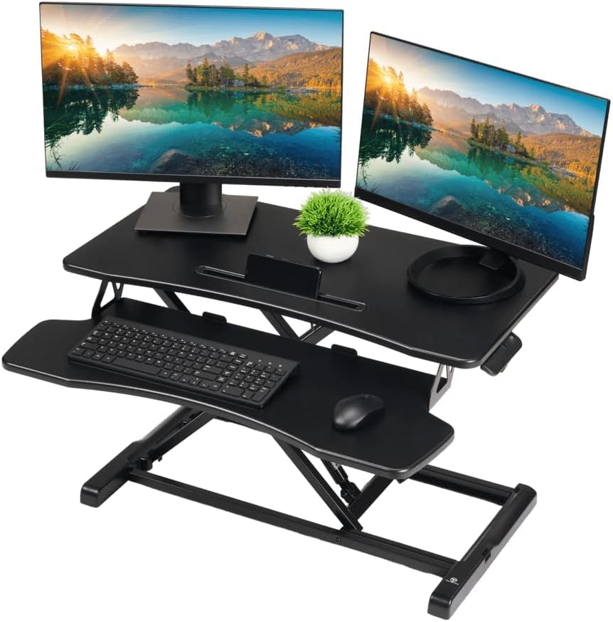TechOrbits OF-S06-2 Desk Converter-37-inch Height Adjustable, MDF Wood, Sit-to-Stand Rise-X Pro Black, 37