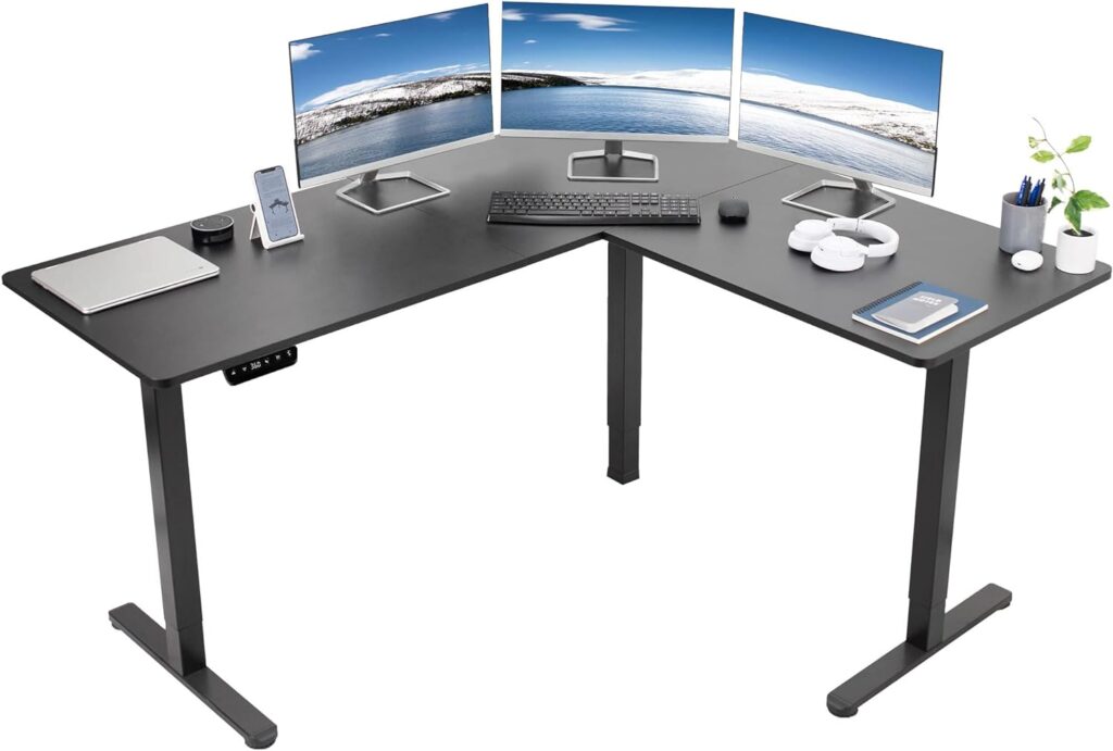 VIVO Electric Height Adjustable 63 x 55 inch Corner Stand Up Desk, Black Table Top, Black Frame, L-Shaped Standing Workstation, 3CT Series, DESK-E3CTB