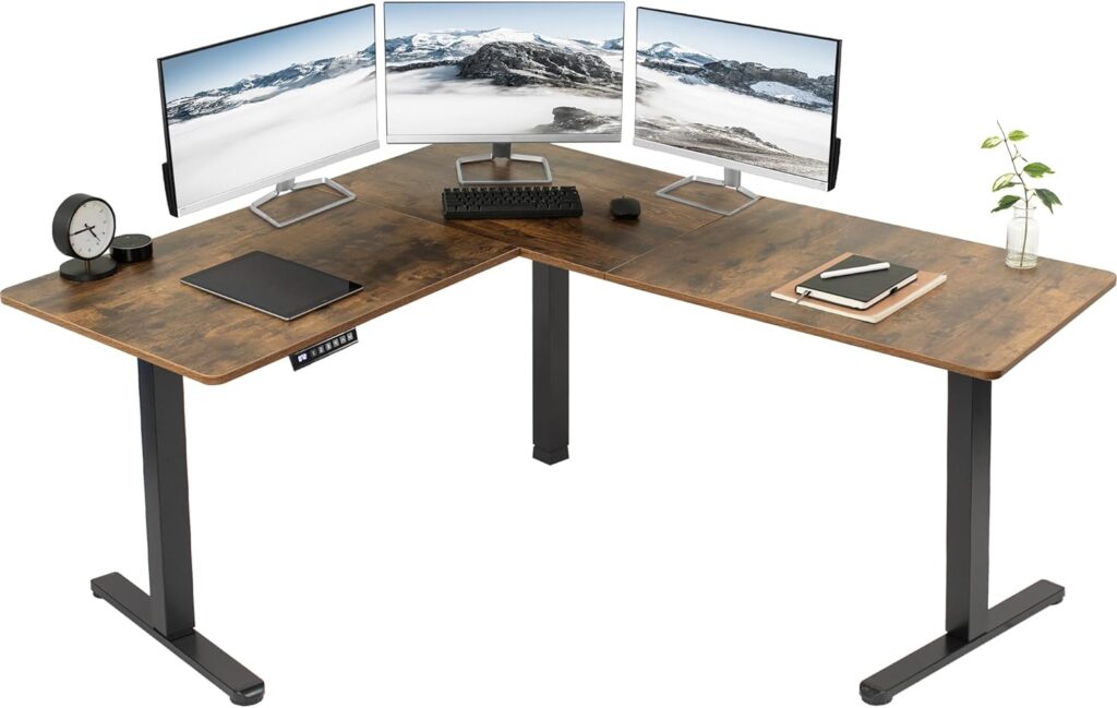 VIVO Electric Height Adjustable 63 x 55 inch Corner Stand Up Desk, Black Table Top, Black Frame, L-Shaped Standing Workstation, 3CT Series, DESK-E3CTB