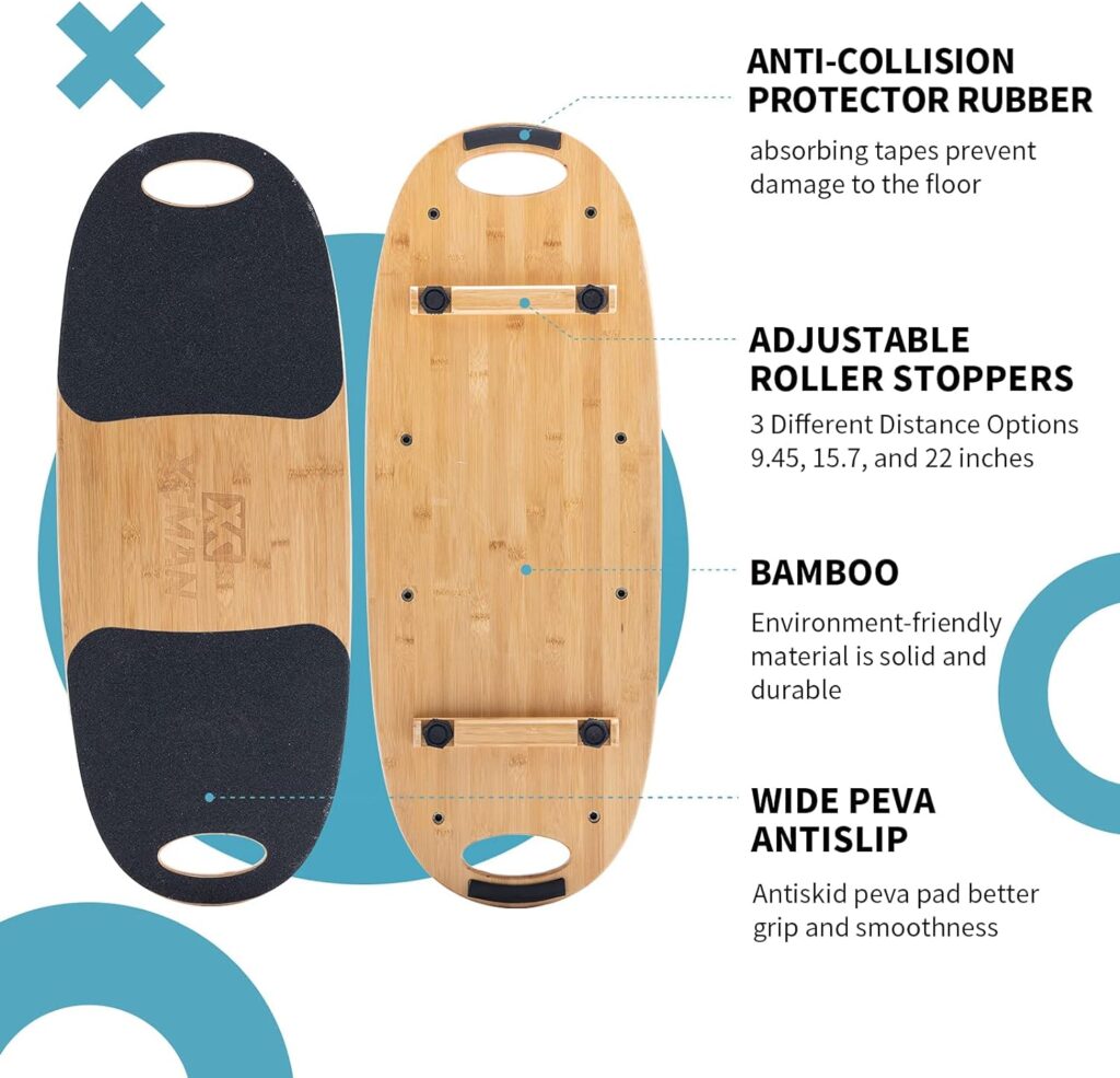 XCMAN Bamboo Balance Board Trainer with Adjustable Stoppers - 3 Different Distance Options | Balance Board for Surfing, Snowboarding, Skiing, Skateboarding, Yoga Training